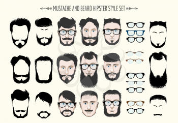 Hipster mustache and beard fashion silhouette. Set of nine various styles. Isolated on light background.