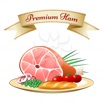 Natural food on a plate. Ham and vegetable on a plate with lettering Premium Ham on ribbon. Isolated on white background. Free font Niconne used.