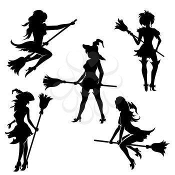 Set of Halloween witches with broom. Black silhouettes on white background.