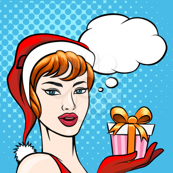 Beautiful woman in Santa girl clothes with Christmas gift and empty speech bubble. Colorful illustration in retro comic style.