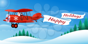 Santa on the plane with banner Happy Holidays. Illustration in cartoon style.
