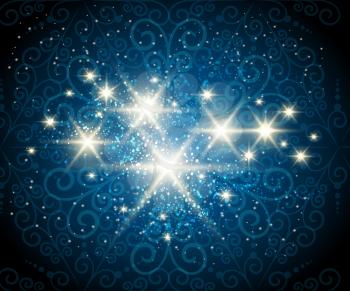 Dark blue background with shining stars against seethrough swirls pattern