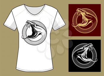 T-Shirt Print in three color variations. Snake Head with open mouth against circle of snake skin.