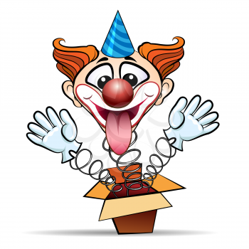 Funny illustration of laugthing clown jumps out of surprised box. Isolated on white background.