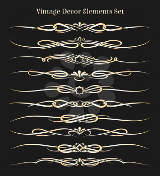 Vintage Decor Elements set. Golden headers and dividers isolated on black.