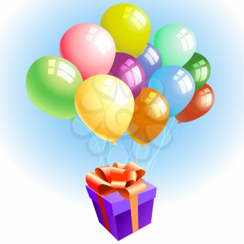 A vector illustration of flying balloons with a gift against blue sky