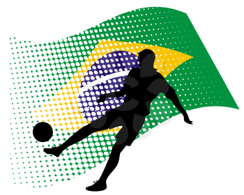 vector illustration of brasil soccer player silhouette against national flag isolated on white
