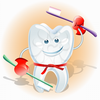 A vector illustration of healthy tooth in fighter belt with two tooth brushes