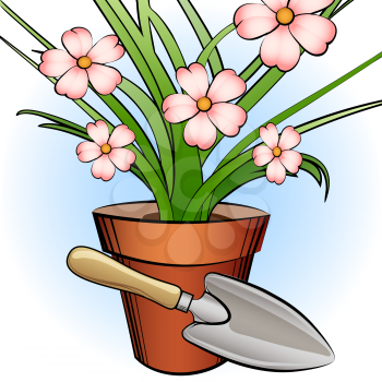 A vector illustration of window plant and garden shovel