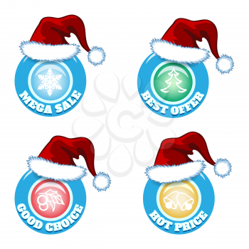 A vector set of hot price and offers seasonal new year sale badges with Santa cap isolated on white