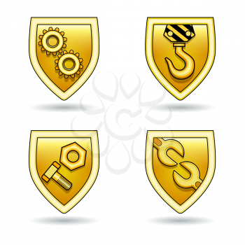 vector set of golden shields with industrial elements