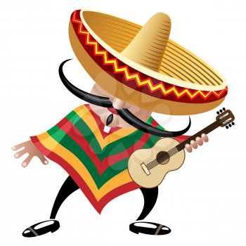 vector illustration of mexican musician in sombrero with guitar drawn in cartoon style