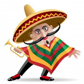 illustration of mexican musician in sombrero with trumpet drawn in cartoon style