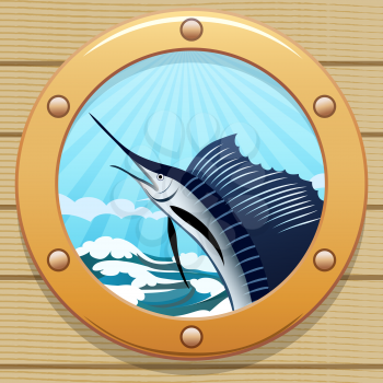 Illustration of sailfish jumping out of a water in a wessel window