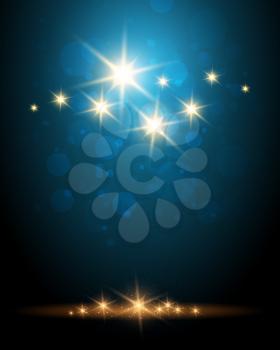 Festive Blue background with shining stars and bubbles.