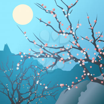 A vector illustration of spring hollow with cherry trees