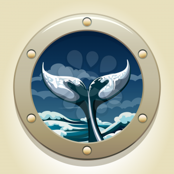 A vector illustration of whale tail in a ship window