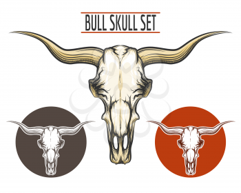 Set of Bull skulls drawn in tattoo style and two logos. Isolated on white. 
