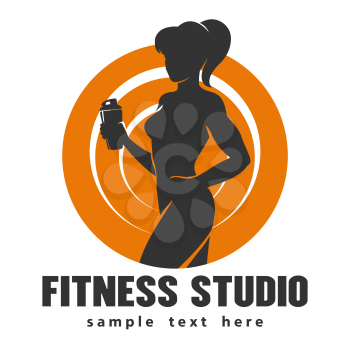 Hot sexy athletic girl bodybuilder holds shaker and sample text below over white background.
Emblem of fitness or gym center