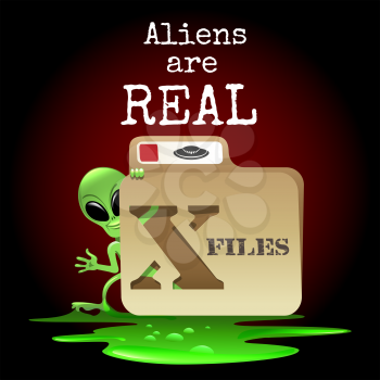 The smiling alien look out of X file with wording Aliens are real. Free font used.