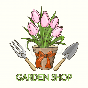 Gardening Shop or Garden Center Emblem. Fork shovel pot with flowers. Free Font used