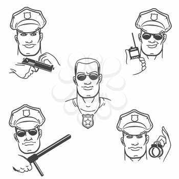 Police officer in various situations. Polisemen face expression set drawn in thin line style.  