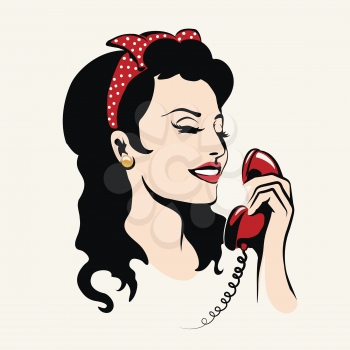 Pretty woman laughing and talking on the phone, pop art illustration. 