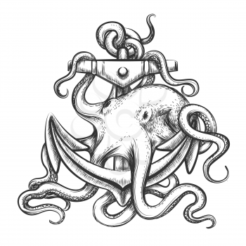 Octopus with an anchor drawn in tattoo style. Isolated on white. 