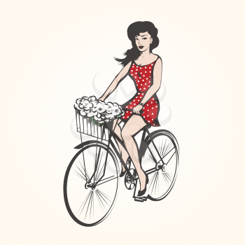 Girl on a bicycle with basket of spring flowers. Illustration in retro style.