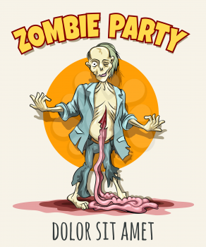 Halloween Zombie Party Poster. Handdrawn Zombie with guts outside. Vector illustration.