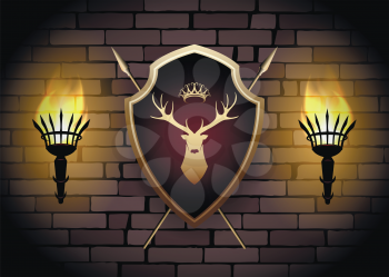 Coat of arms with torches on the wall. Shield with Deer Head, Crown and two spears behind.