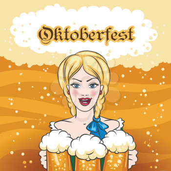 Pretty woman with mugs of beer and wording Oktoberfest. Famous Beer Festival Emblem.