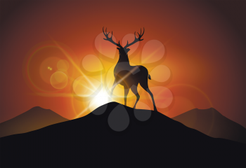 Silhouettte of deer on a mountain peak against sunset landscape.