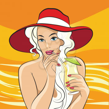 Beautiful blondie girl in beach hat drinks cocktail. Illustration in retro style.