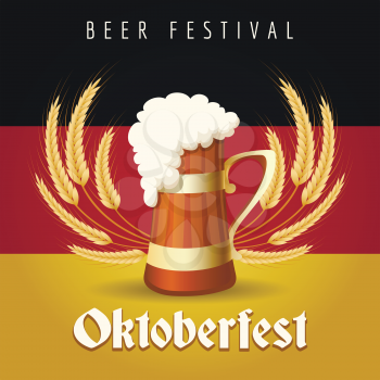 German Beer Festival Oktoberfest Emblem. Beer Mug against barley ears and German national flag.