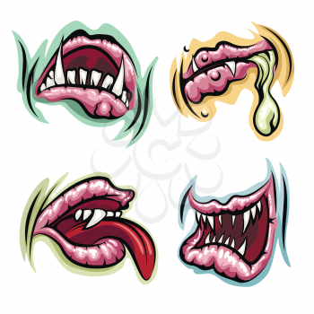 Monster mouths vector set. Monster lips, tongue and open mouths with teeth.