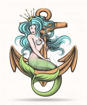 Beauty blue haired Siren Mermaid with golden crown sitting on the rusty anchor. Colorful Vector illustration in tattoo style.