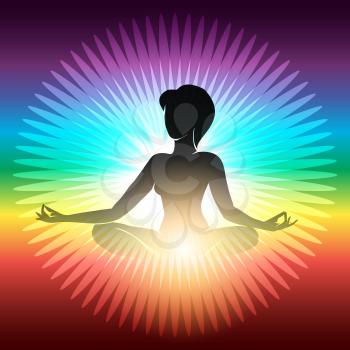 Woman sitting in half lotus pose for meditation against rainbow background. Vector Yoga meditation illustration.