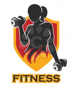 Emblem with athletic Woman Holding Weight Silhouette on shield. Element for Sport Label, Gym Badge, Fitness Logo Design, Emblem Graphics. Sport Symbol vector illustration