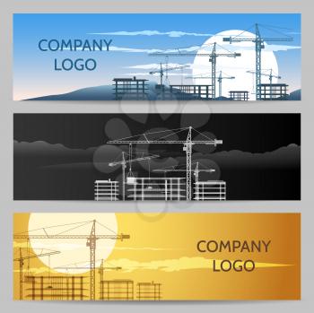 Horizontal banners with constructions and building area. Vector Industrial design elements set.
