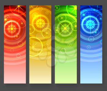 Abstract vertical banners set. Star shape elements and concentrical circles on colorful gradient background. Vector illustration.