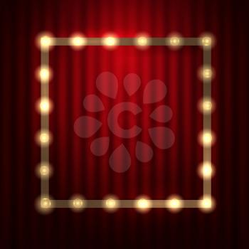 Light Bulb Frame against red theatre or cinema curtain. Glowing Signboard with a blank space for Your Text. Vector Illustration