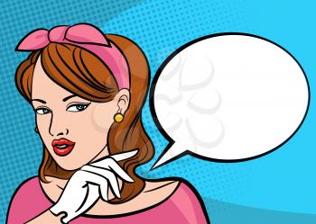 Pop art beauty woman thinking and pointing finger on speech bubble. Retro vector illustration in comic style.