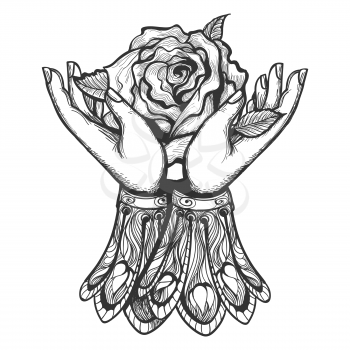 Human hands holding rose flower drawn in Dark romance Tattoo style. Vector illustration.
