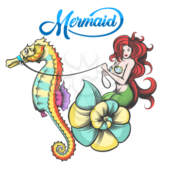 Redhair Mermaid in the shell controls the sea horse. Vector Illustration.