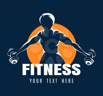 Training muscled woman holds dumbbells. White silhouettes isolated on black background. Vector illustration.