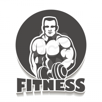Fitness Club or Gym Emblem. Athletic Man with dumbbells. Athletic Sport creative concept. Bodybuilder  Sign, Symbol, badge.