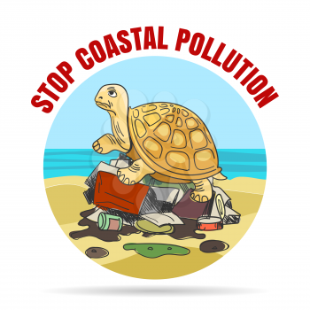 Stop coastial pollution emblem in cartoon style. Sad turtle on a pile of garbage. Vector illustration.