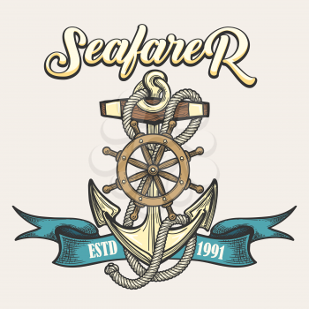 Nautical vintage label, emblem or print in tattoo style. Anchor, rope, steering wheel and ribbon. Vector illustration.