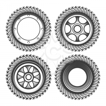 Hand drawn set of gear wheels in engraving style isolated on white. Vector illustration. 
